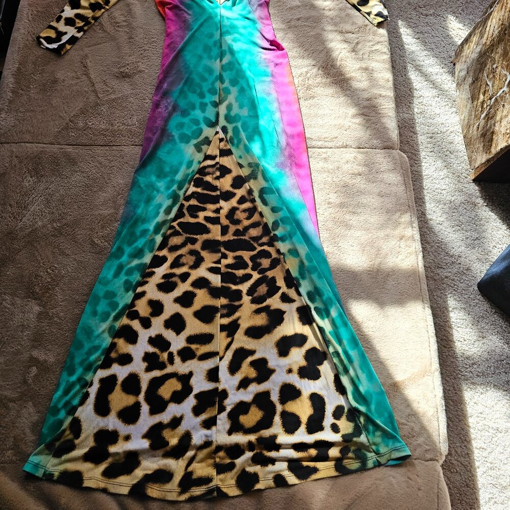 Multicolor Leopard Print Maxi Gown – Long Sleeve Gradient Bodycon Dress - Picture 4 of 4